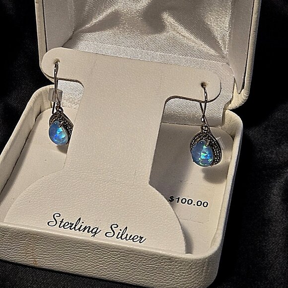 NWT Genuine Marcasite/Sterling Silver/simulated Blue Opal Necklace / Earring Set - Picture 3 of 5
